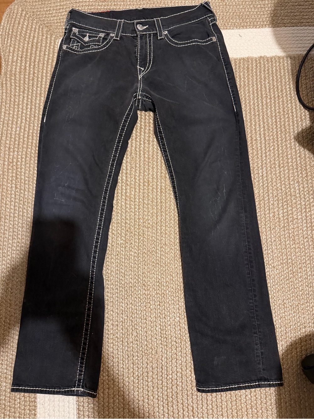 MensTrue Religion Black Straight Flap Natural Big T White Contrast Stitching